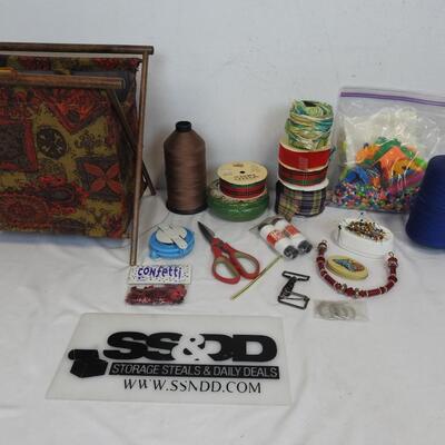 Crafting Lot: String, Ribbon, Pins, Needles, Perler Beads, Scissors, etc