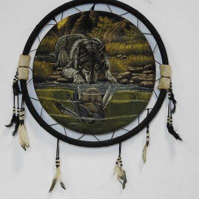 Large 23"Dream Catcher, Tapestry, Beads, Feathers, Leather
