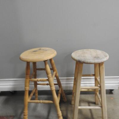 2 Solid Wood Bar Stools:  30" & 28 1/2", Needs Refinishing, See Pictures
