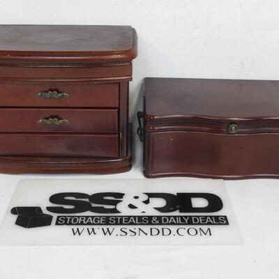 2 Jewelry Boxes: Red/Mahogany Color w/ Lining, 1 Drawer Missing Knob