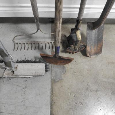 5 Yard Tools: Edger, Broom, Aerator, Rake & Spade