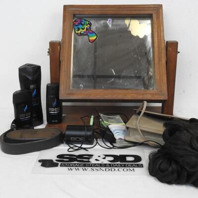 Personal Care Lot: Wood Standing Mirror, AXE Phoenix, Purse, Brown Wig, Belt