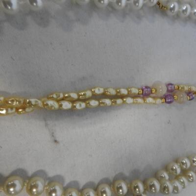 6 Faux Pearl Necklaces & 1 Bracelet, Various Lengths & Shades Of Pearl