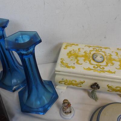 9 Pc Home Decor: Jewelry Boxes,Cut Glass Etched Fairies, Blue Glass Candlesticks
