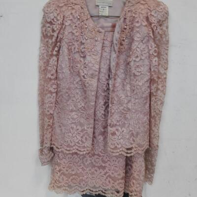 Pink Lace Button Down Top & Skirt, Size 8, Beaded Neckline - VINTAGE