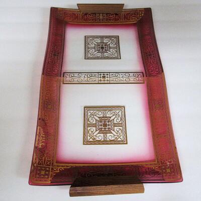 Mid Century Modern Glass and Wood Handled Tray