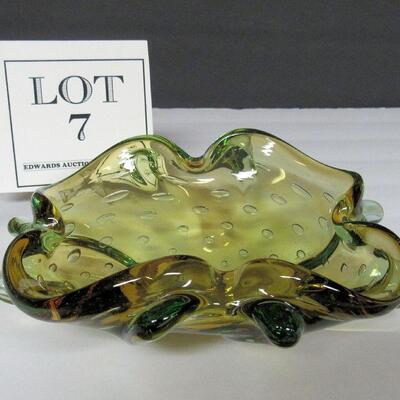 Mid Century Modern Free Form Heavy Glass Bowl, Controlled Bubbles