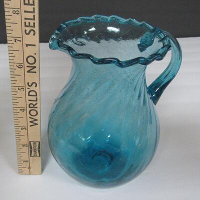 Mid Century Teal Colored Pitcher, Ruffled Rim, Tiny Bubbles Throughout, Pontil