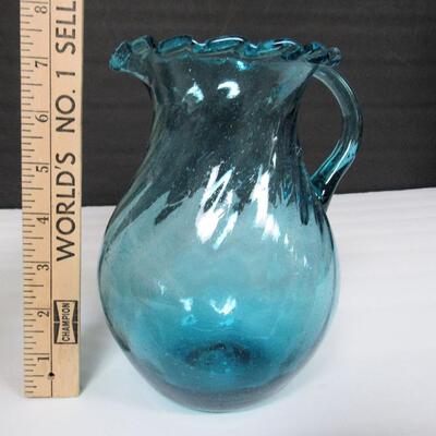 Mid Century Teal Colored Pitcher, Ruffled Rim, Tiny Bubbles Throughout, Pontil