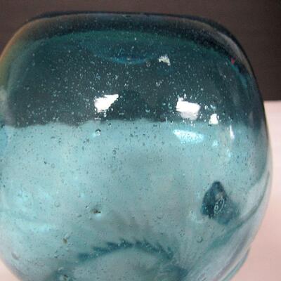 Mid Century Teal Colored Pitcher, Ruffled Rim, Tiny Bubbles Throughout, Pontil