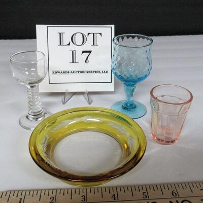 Vintage Glassware Lot, Small Dish, Shot Glass, Cordials