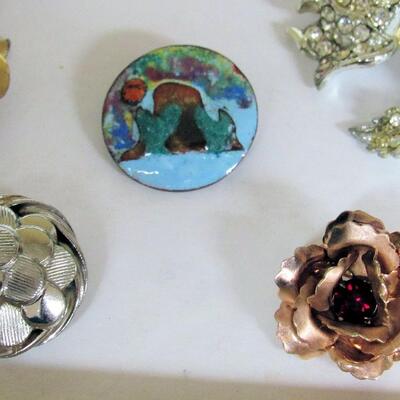 5 Vintage Pins, Rhinestones and Enamel
