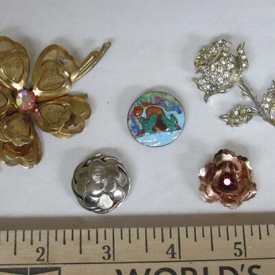 5 Vintage Pins, Rhinestones and Enamel