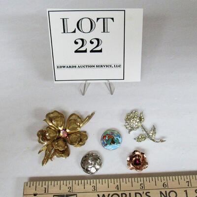 5 Vintage Pins, Rhinestones and Enamel