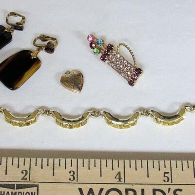 Mixed Lot of Costume Jewelry, Rhinestone Bracelet, Tiny Heart Locket, More