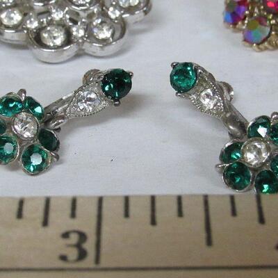 Vintage Rhinestone Earrings Lot, Trifari Clear Flowers, Unmarked Multi and Green Pairs