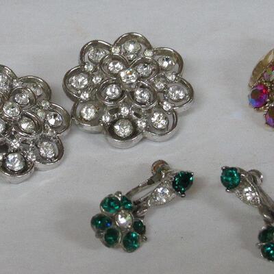 Vintage Rhinestone Earrings Lot, Trifari Clear Flowers, Unmarked Multi and Green Pairs