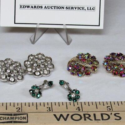 Vintage Rhinestone Earrings Lot, Trifari Clear Flowers, Unmarked Multi and Green Pairs