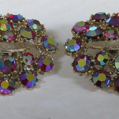 Vintage Rhinestone Earrings Lot, Trifari Clear Flowers, Unmarked Multi and Green Pairs