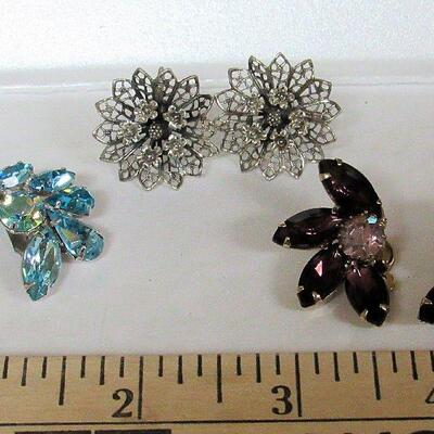 Beautiful Weiss Blue Rhinestone Earrings, Sterling Silver Floral Earrings and Purple Rhinestone Earrings