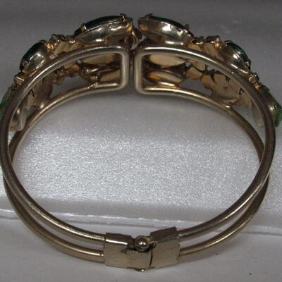 Vintage Green  Rhinestone Cuff Bracelet, Goldtone