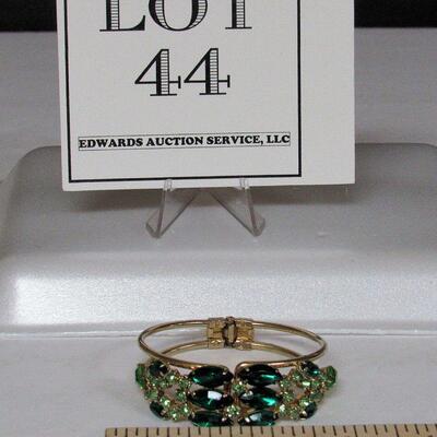 Vintage Green  Rhinestone Cuff Bracelet, Goldtone