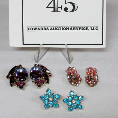 Signed Rhinestone Earraings Lot: Blue Bogoff, Purple Alice Caviness, Pink Austria