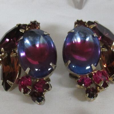 Signed Rhinestone Earraings Lot: Blue Bogoff, Purple Alice Caviness, Pink Austria