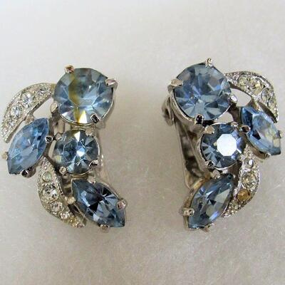 Vintage  Eisenberg Blue Rhinestone Earrings, Read Description