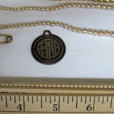 Vintage Jewelry Lot: Kremetz Tie Pin, Faux Pearl Necklaces, Aetna Life Ins Medallion