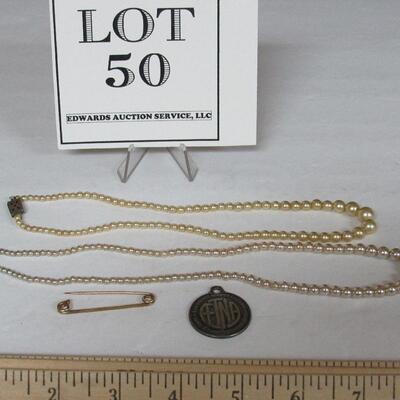 Vintage Jewelry Lot: Kremetz Tie Pin, Faux Pearl Necklaces, Aetna Life Ins Medallion