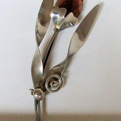 Sterling Floral Pin With Faceted Rhinestone