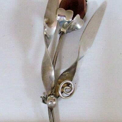Sterling Floral Pin With Faceted Rhinestone
