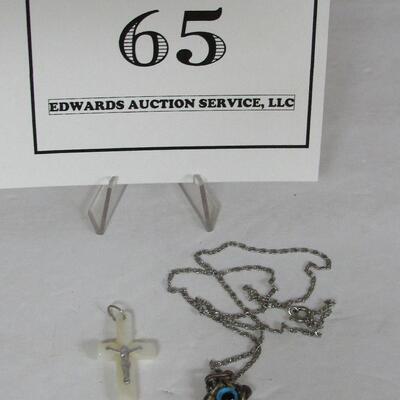 Vintage Mother of Pearl Cross Pendant and Sterling Eye In Flower Pendant on Silver Tone Necklace