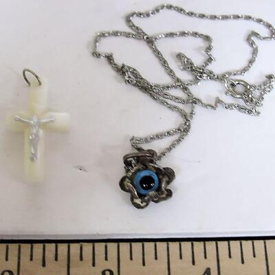 Vintage Mother of Pearl Cross Pendant and Sterling Eye In Flower Pendant on Silver Tone Necklace