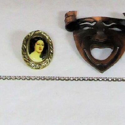 Vintage Germany Portrait Pin, Copper Colored Face Pin, Blue Stone Costume Ring