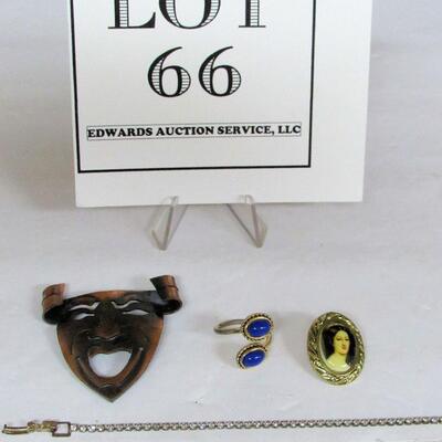 Vintage Germany Portrait Pin, Copper Colored Face Pin, Blue Stone Costume Ring