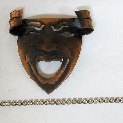 Vintage Germany Portrait Pin, Copper Colored Face Pin, Blue Stone Costume Ring