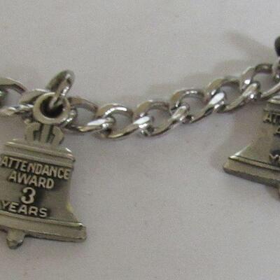 Sterling Bracelet With Sterling Bell Systems Charms, 2 Yr and 3 Yr Attendance