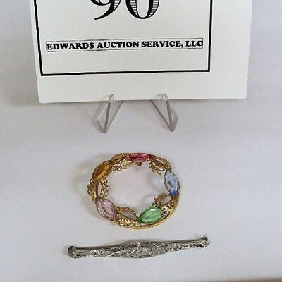 Antique Sterling and Rhinestone Bar Pin and More Modern Rhinestone Round Pin
