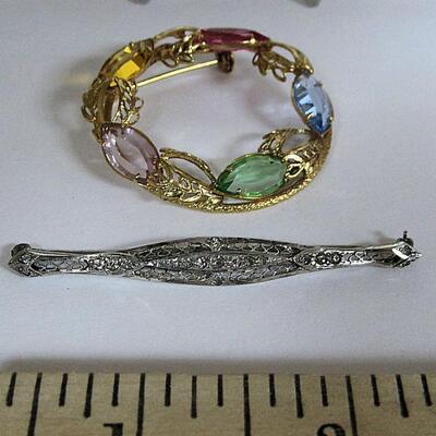Antique Sterling and Rhinestone Bar Pin and More Modern Rhinestone Round Pin