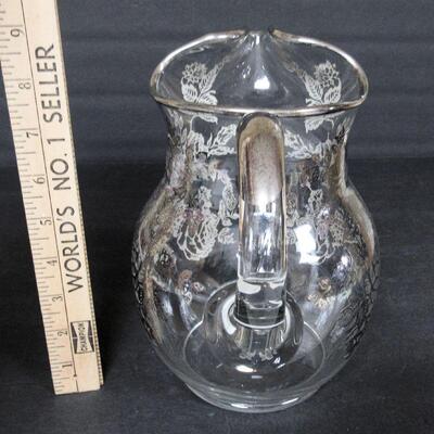 Large Clear With Silver Deposit Floral Pattern Pitcher