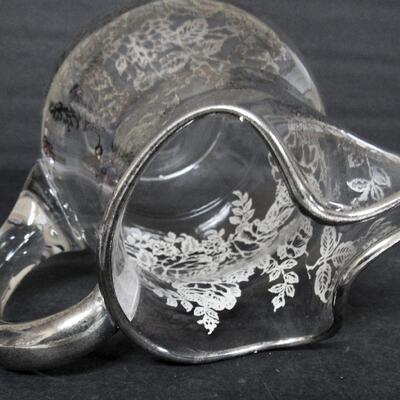 Large Clear With Silver Deposit Floral Pattern Pitcher