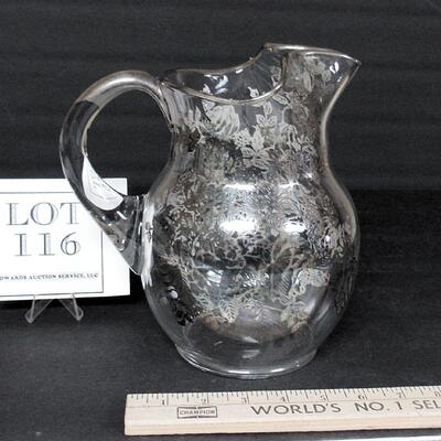 Large Clear With Silver Deposit Floral Pattern Pitcher