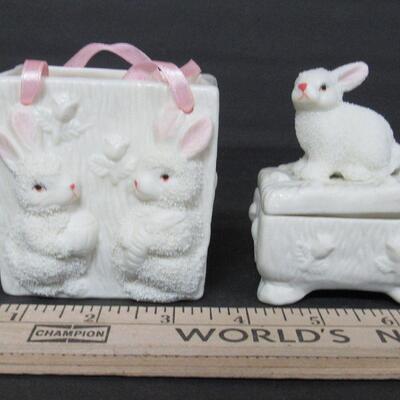2 Cute Little Bisque Easter Rabbit Items, Trinket Box and Vase?