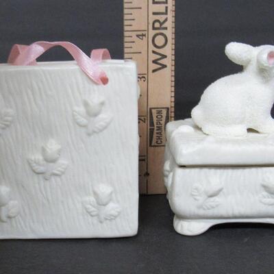 2 Cute Little Bisque Easter Rabbit Items, Trinket Box and Vase?