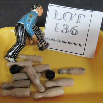 Vintage Tin Bowling Guy, 10 Pins and 2 Marble Balls