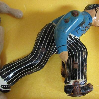 Vintage Tin Bowling Guy, 10 Pins and 2 Marble Balls