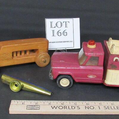 Vintage Metal and Plastic Fire Truck, Wood Car and Tin Kazoo