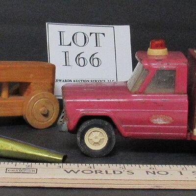 Vintage Metal and Plastic Fire Truck, Wood Car and Tin Kazoo